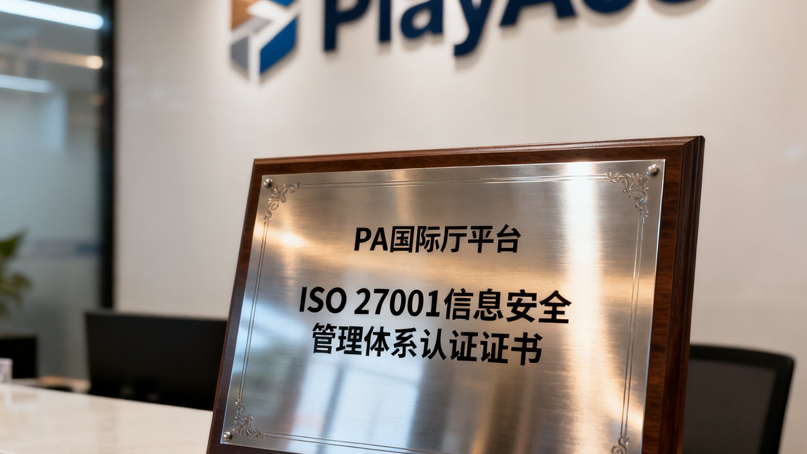 PA国际厅平台获得的ISO 27001信息安全管理体系认证证书特写照片，证书摆放在公司前台桌上，背景中可以看到PlayAce的品牌标识墙。
