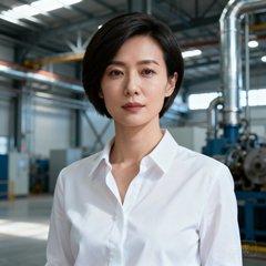 一位留着干练短发、身穿白色衬衫的女性企业高管半身肖像照，背景是现代化的工业厂房内部，她的表情专注而坚定。